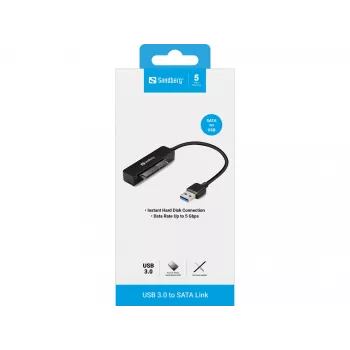 Sandberg USB 3.0 į SATA jungtis, juoda, 5 Gbit/s, 20 g, 77 mm, 18 mm, 193 mm