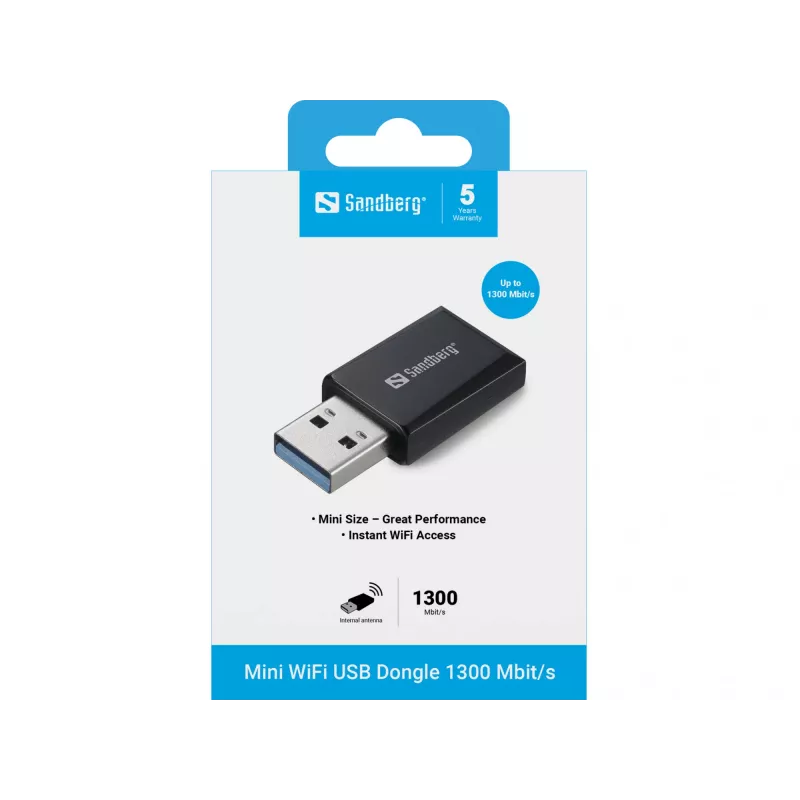 Mini WiFi adapteris Sandberg 1300 Mbit/s USB Type-A Dviejų juostų