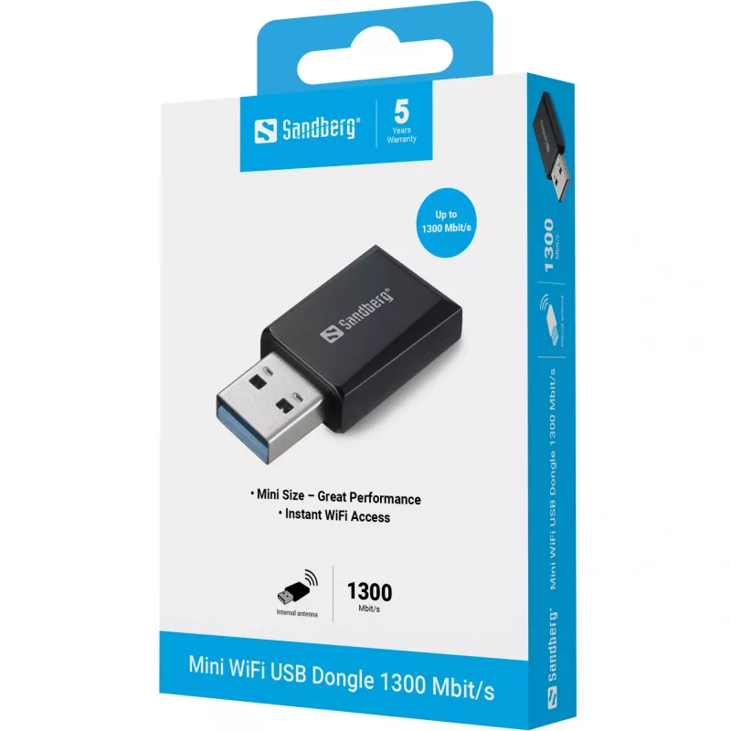 Mini WiFi adapteris Sandberg 1300 Mbit/s USB Type-A Dviejų juostų