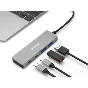 Sandberg USB-C į 2xUSB-A + 2xUSB-C šakotuvas, pilkas aliuminis