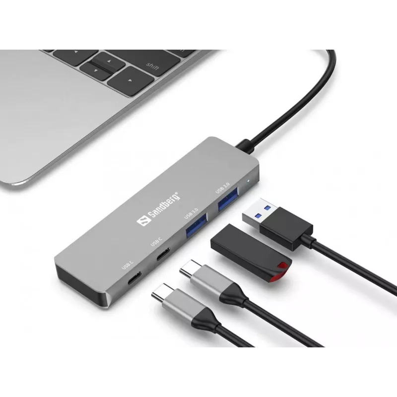 Sandberg USB-C į 2xUSB-A + 2xUSB-C šakotuvas, pilkas aliuminis