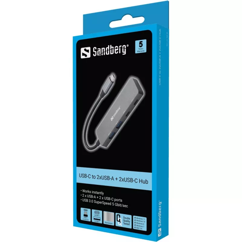 Sandberg USB-C į 2xUSB-A + 2xUSB-C šakotuvas, pilkas aliuminis