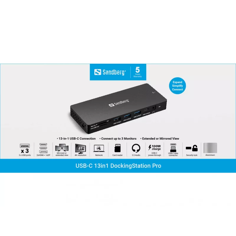 Sandberg USB-C 13-in-1 Docking Station Pro, laidinis, USB 3.2 Gen 1 Type-C