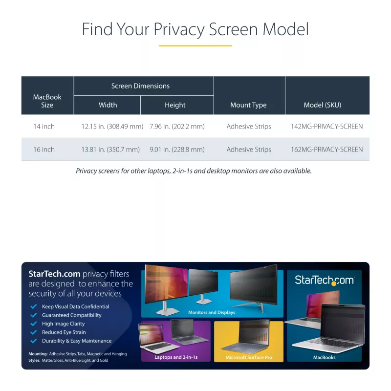 StarTech.com privatumo ekranas 16 colių MacBook Pro 21/23, auksinis filtras su sustiprinta privatumo apsauga, dvipusis ekrano apsauginis stiklas, +/- 30 laipsnių