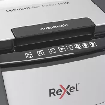 Rexel Optimum AutoFeed+ 150M popieriaus smulkintuvas, mikro pjūvis, 55 dB, 22 cm, juoda, pilka