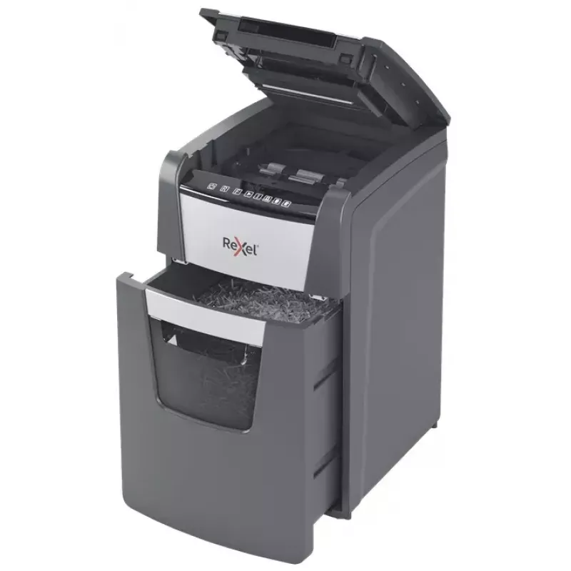 Rexel Optimum AutoFeed+ 150M popieriaus smulkintuvas, mikro pjūvis, 55 dB, 22 cm, juoda, pilka