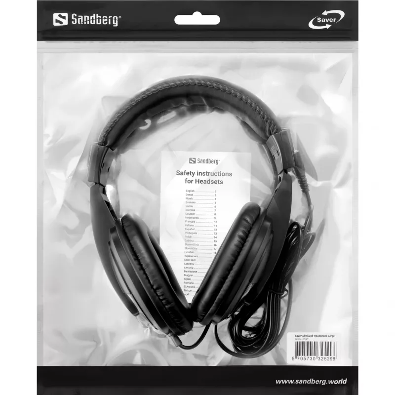 Sandberg Saver MiniJack Headphone Large, laidinės, skambučiams/muzikai, 20–20000 Hz, 270 g, juodos