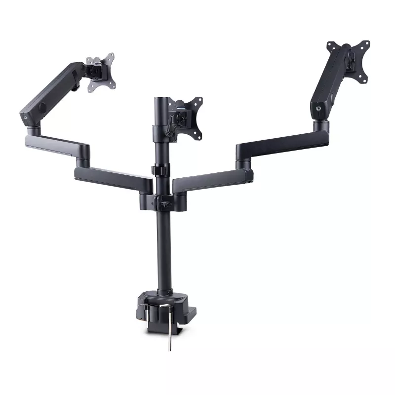 StarTech.com Trijų monitorių stalinis laikiklis iki 27 colių ekranams, VESA 75x75/100x100, reguliavimas be įrankių, C-spaustuvas/grometinis tvirtinimas, spyruoklinės rankos