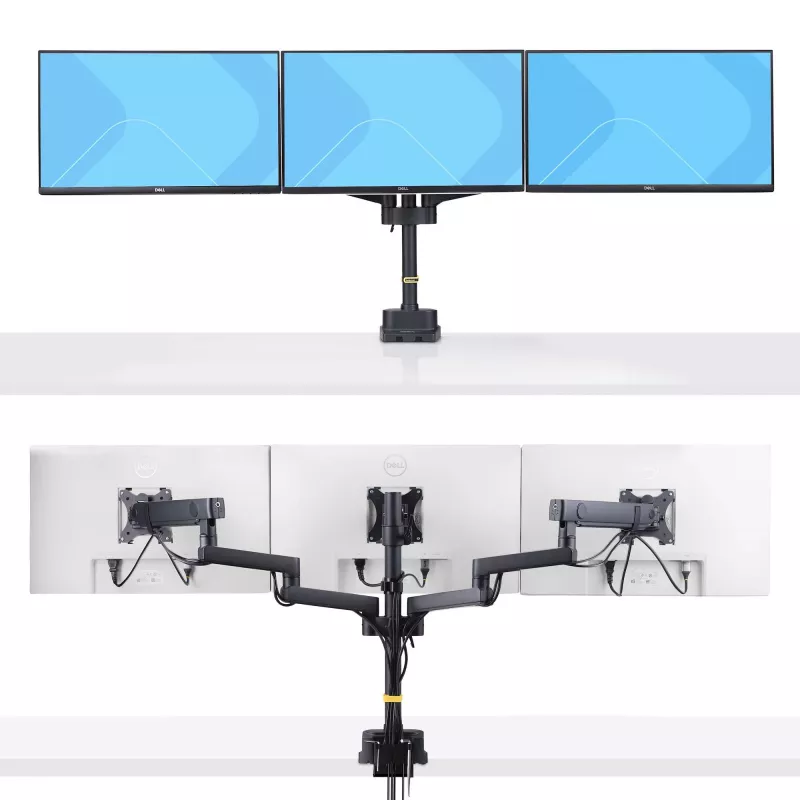 StarTech.com Trijų monitorių stalinis laikiklis iki 27 colių ekranams, VESA 75x75/100x100, reguliavimas be įrankių, C-spaustuvas/grometinis tvirtinimas, spyruoklinės rankos