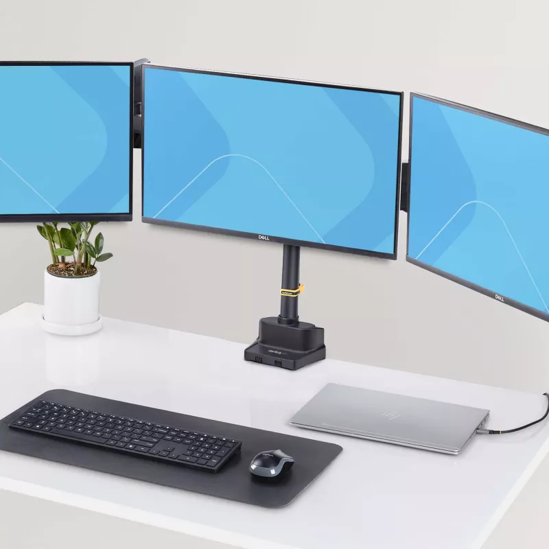 StarTech.com Trijų monitorių stalinis laikiklis iki 27 colių ekranams, VESA 75x75/100x100, reguliavimas be įrankių, C-spaustuvas/grometinis tvirtinimas, spyruoklinės rankos