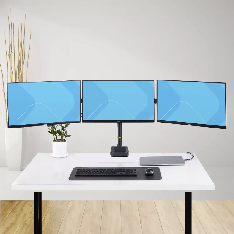 StarTech.com Trijų monitorių stalinis laikiklis iki 27 colių ekranams, VESA 75x75/100x100, reguliavimas be įrankių, C-spaustuvas/grometinis tvirtinimas, spyruoklinės rankos