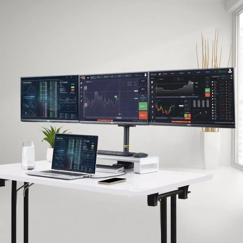 StarTech.com Trijų monitorių stalinis laikiklis iki 27 colių ekranams, VESA 75x75/100x100, reguliavimas be įrankių, C-spaustuvas/grometinis tvirtinimas, spyruoklinės rankos