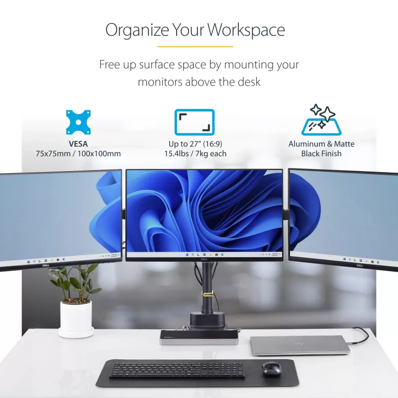 StarTech.com Trijų monitorių stalinis laikiklis iki 27 colių ekranams, VESA 75x75/100x100, reguliavimas be įrankių, C-spaustuvas/grometinis tvirtinimas, spyruoklinės rankos