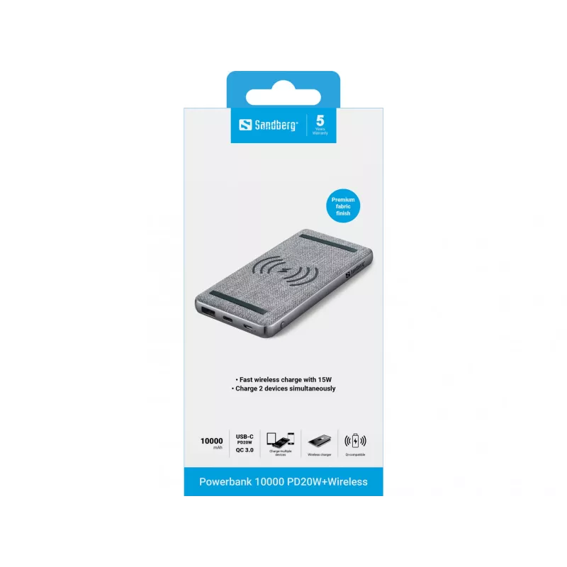 Nešiojama Powerbank Sandberg Powerbank 10000 PD20W + belaidis, 10000 mAh