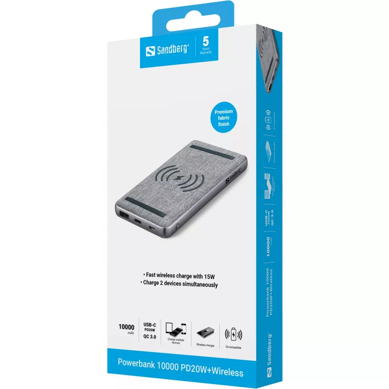 Nešiojama Powerbank Sandberg Powerbank 10000 PD20W + belaidis, 10000 mAh