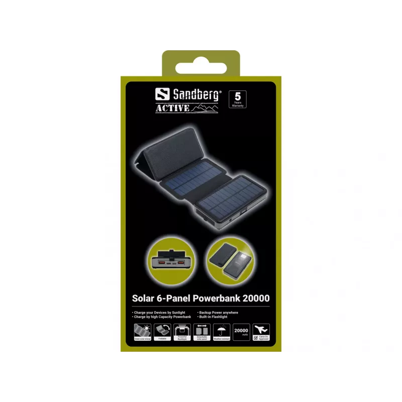 Powerbank Sandberg Solar 6-Panel 20000mAh Li-Pol juodas