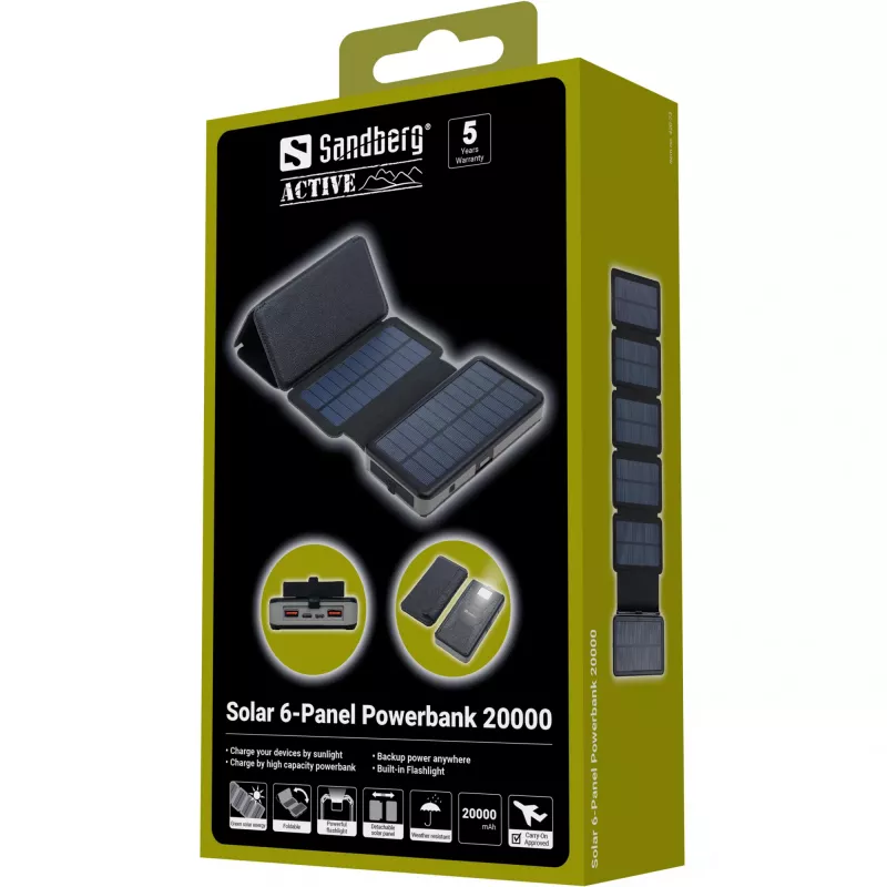 Powerbank Sandberg Solar 6-Panel 20000mAh Li-Pol juodas