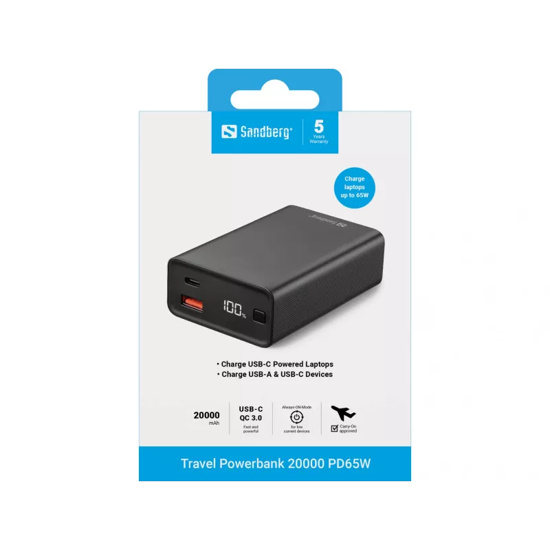 Nešiojamas Powerbank Sandberg Travel Powerbank 20000 PD65W, 20000 mAh