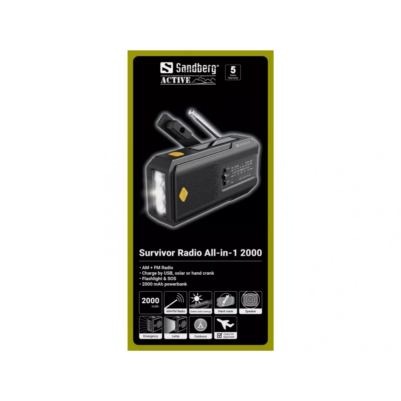 Sandberg Survivor Radio All-in-1 2000, nešiojamas, AM, FM, 87-180 MHz, 520-1710 kHz, 3 W, analoginis
