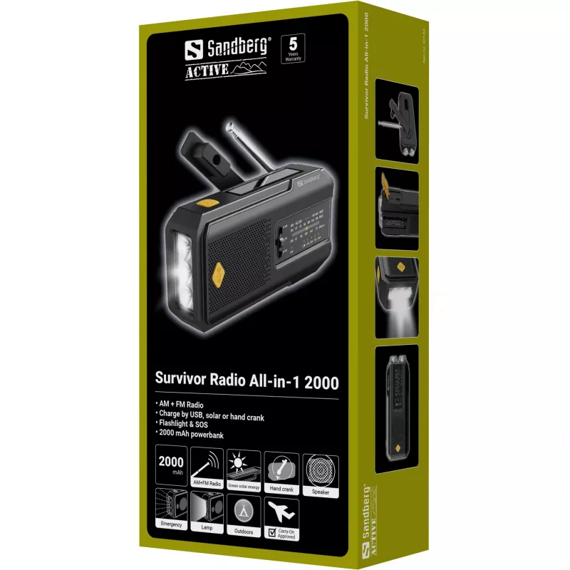 Sandberg Survivor Radio All-in-1 2000, nešiojamas, AM, FM, 87-180 MHz, 520-1710 kHz, 3 W, analoginis