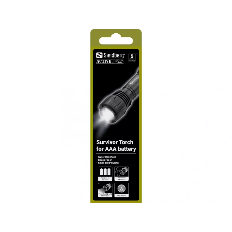 Sandberg Survivor Torch žibintuvėlis AAA baterijoms, rankinis, juodas, aliuminis, LED, 3 W, 150 lm