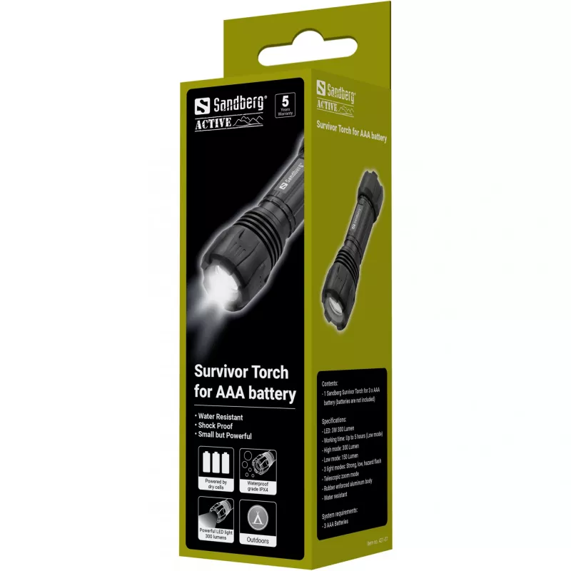 Sandberg Survivor Torch žibintuvėlis AAA baterijoms, rankinis, juodas, aliuminis, LED, 3 W, 150 lm