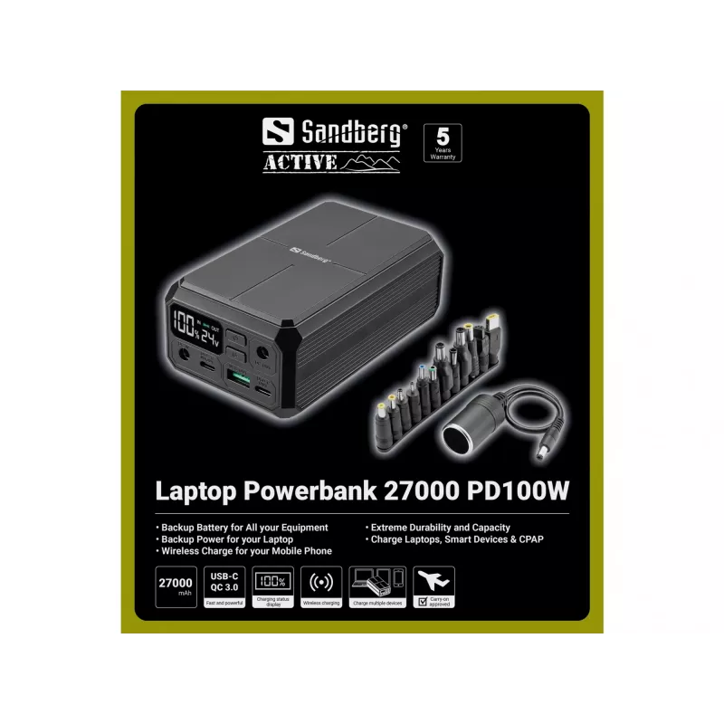 Nešiojamas Powerbank Sandberg Laptop Powerbank 27000 PD100W, 27000 mAh