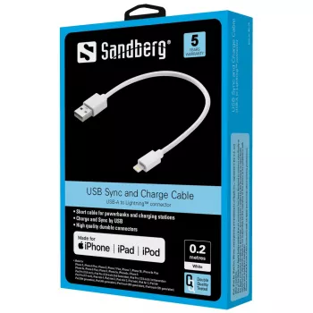 Laidas Sandberg USB Lightning MFI 0,2 m baltas
