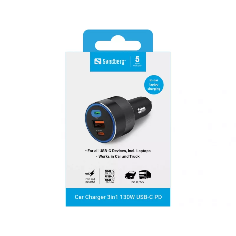 Automobilinis įkroviklis Sandberg 3in1 130W USB-C PD greitasis įkrovimas universalus