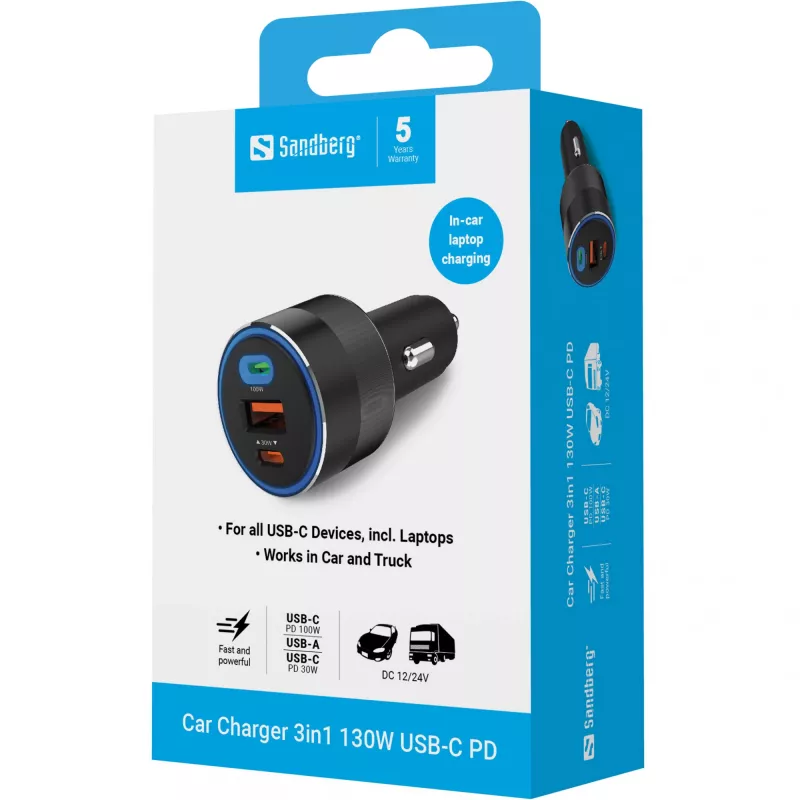 Automobilinis įkroviklis Sandberg 3in1 130W USB-C PD greitasis įkrovimas universalus