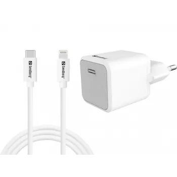 Sandberg 20W USB-C PD sieninis įkroviklis su integruotu Lightning kabeliu 1m, baltas