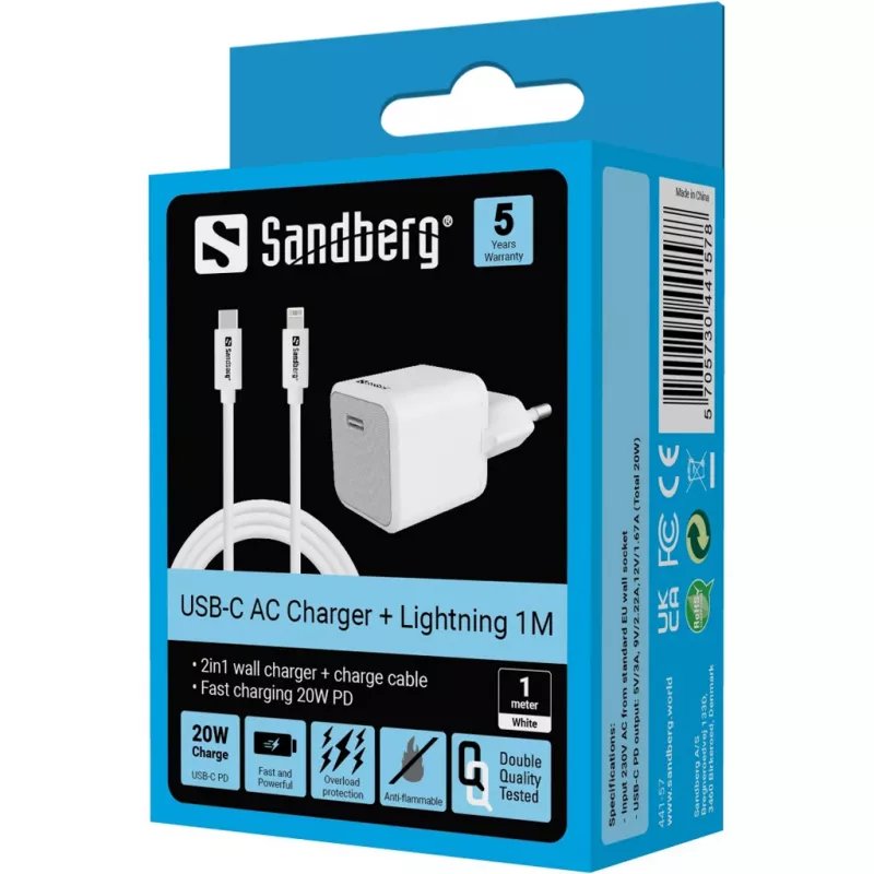 Sandberg 20W USB-C PD sieninis įkroviklis su integruotu Lightning kabeliu 1m, baltas