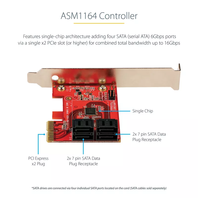 StarTech.com SATA PCIe kortelė – 4 prievadų PCIe SATA plėtinio kortelė – 6Gbps – žemo profilio laikiklis – sukrautos SATA jungtys – ASM1164 ne RAID – PCI Express į SATA keitiklis