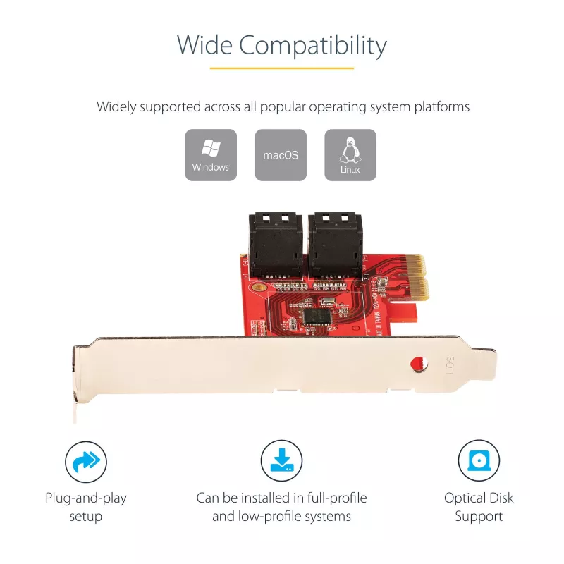 StarTech.com SATA PCIe kortelė – 4 prievadų PCIe SATA plėtinio kortelė – 6Gbps – žemo profilio laikiklis – sukrautos SATA jungtys – ASM1164 ne RAID – PCI Express į SATA keitiklis