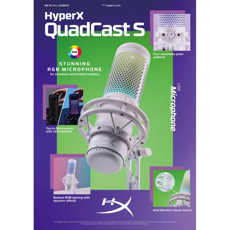 Mikrofonas HyperX QuadCast S USB RGB baltai pilkas