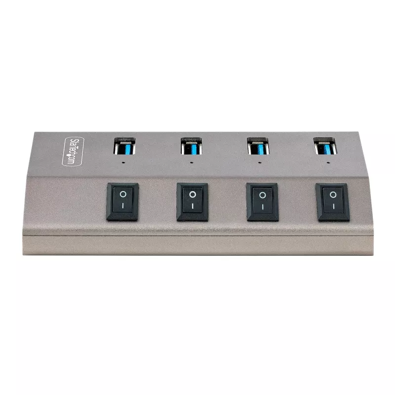StarTech.com 4 prievadų USB-C centras su atskirais jungikliais, USB 3.0 5Gbps, maitinimo adapteriu, USB-C į USB-A, su BC 1.2