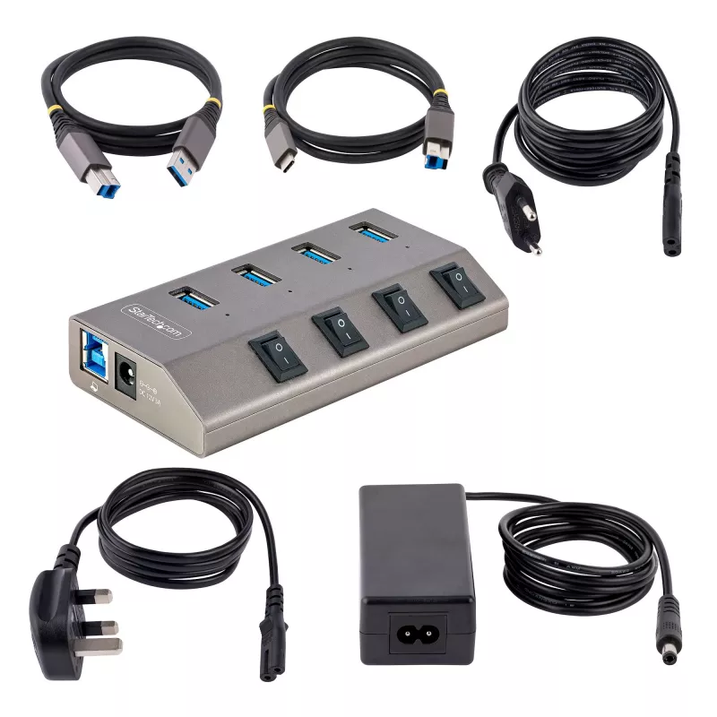 StarTech.com 4 prievadų USB-C centras su atskirais jungikliais, USB 3.0 5Gbps, maitinimo adapteriu, USB-C į USB-A, su BC 1.2