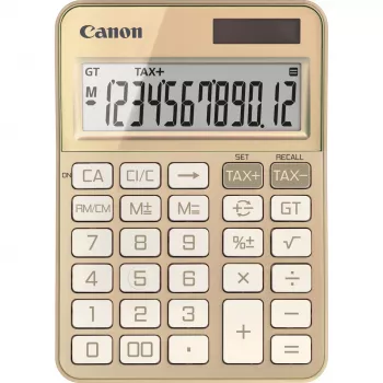 Stalinis skaičiuotuvas Canon KS-125KB su 12 skaitmenų ekranu, mokesčių funkcijomis, baterija/saulės energija, auksinis