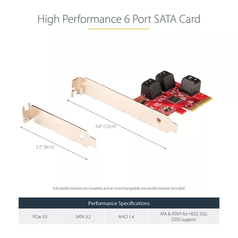 StarTech.com 6 prievadų SATA PCIe kortelė - 6Gbps - Žemo/viso profilio - Sukrautos SATA jungtys - ASM1166 be RAID - PCI Express į SATA adapteris