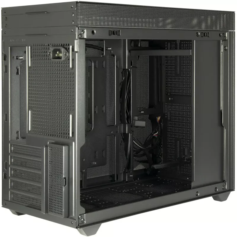 Korpusas PC Mini Tower INTER-TECH IM-2 Expander, Mini-ITX/Micro ATX, palaiko ATX/SFX maitinimo šaltinius, 2,5 colio ir 3,5 colio diskus, priekiniai/viršutiniai ventiliatoriai 120/140 mm, juodas