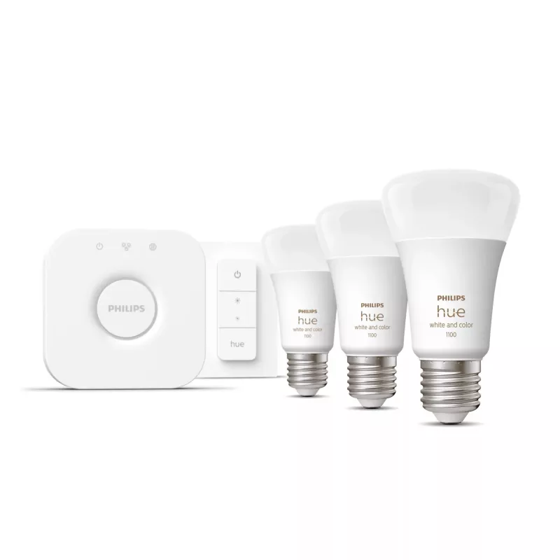 Philips Hue White and Colour Ambience pradinis rinkinys – 3× E27 11W lemputės, Bluetooth/Zigbee, reguliatorius