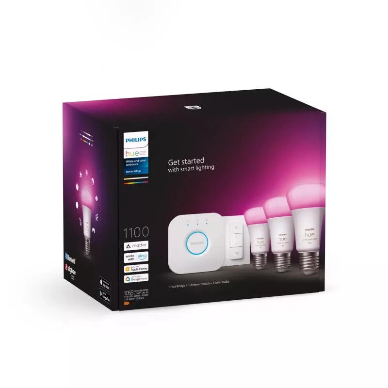 Philips Hue White and Colour Ambience pradinis rinkinys – 3× E27 11W lemputės, Bluetooth/Zigbee, reguliatorius