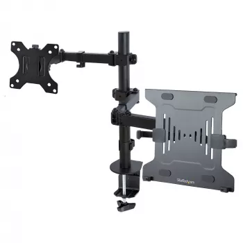 StarTech.com A2-LAPTOP-DESK-MOUNT reguliuojamas monitoriaus laikiklis su VESA nešiojamojo kompiuterio padėklu, kompiuteriui iki 4,5 kg (9,9 lb) ir vienam ekranui, tvirtinimas gnybtu arba per stalo angą, plienas / plastikas, juodas