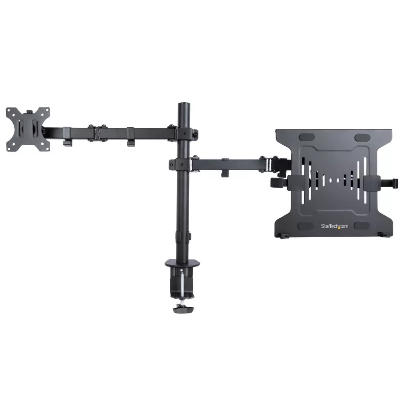 StarTech.com Monitor Laikiklis su VESA Nešiojamo Kompiuterio Padėklu, Nešiojamam Kompiuteriui (4,5 kg) ir Vienam Ekranui iki 32 colių (8 kg), Juodas, Vėdinamas Padėklas, Reguliuojamas Laikiklis, C-spaustuvo/Angos Tvirtinimas