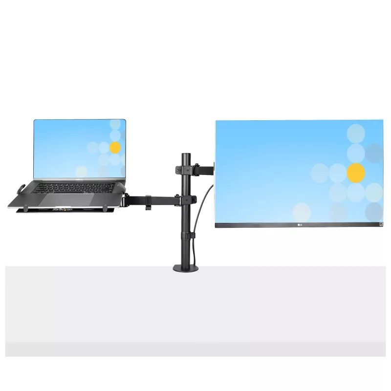 StarTech.com Monitor Laikiklis su VESA Nešiojamo Kompiuterio Padėklu, Nešiojamam Kompiuteriui (4,5 kg) ir Vienam Ekranui iki 32 colių (8 kg), Juodas, Vėdinamas Padėklas, Reguliuojamas Laikiklis, C-spaustuvo/Angos Tvirtinimas