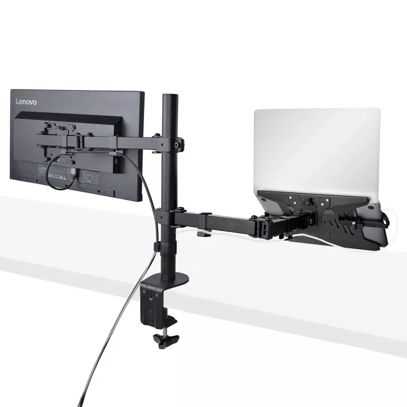 StarTech.com Monitor Laikiklis su VESA Nešiojamo Kompiuterio Padėklu, Nešiojamam Kompiuteriui (4,5 kg) ir Vienam Ekranui iki 32 colių (8 kg), Juodas, Vėdinamas Padėklas, Reguliuojamas Laikiklis, C-spaustuvo/Angos Tvirtinimas