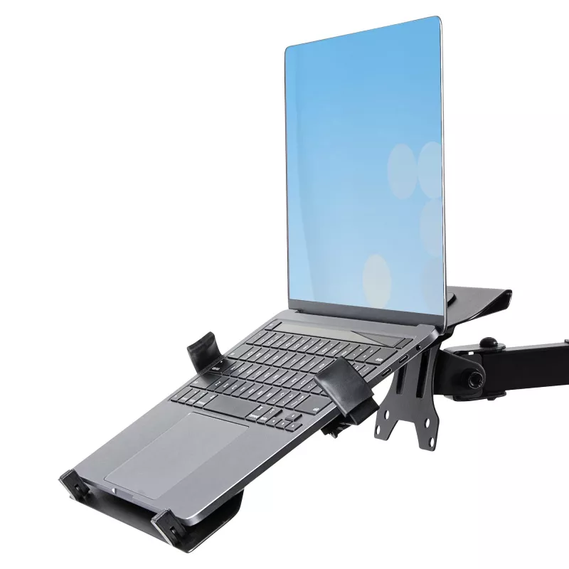 StarTech.com Monitor Laikiklis su VESA Nešiojamo Kompiuterio Padėklu, Nešiojamam Kompiuteriui (4,5 kg) ir Vienam Ekranui iki 32 colių (8 kg), Juodas, Vėdinamas Padėklas, Reguliuojamas Laikiklis, C-spaustuvo/Angos Tvirtinimas