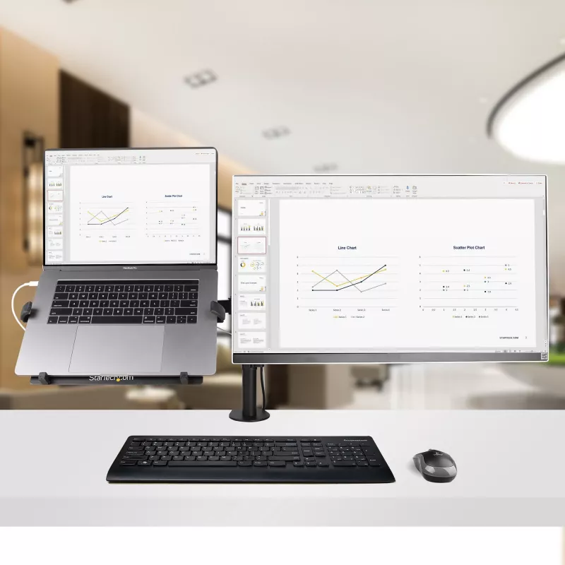 StarTech.com Monitor Laikiklis su VESA Nešiojamo Kompiuterio Padėklu, Nešiojamam Kompiuteriui (4,5 kg) ir Vienam Ekranui iki 32 colių (8 kg), Juodas, Vėdinamas Padėklas, Reguliuojamas Laikiklis, C-spaustuvo/Angos Tvirtinimas