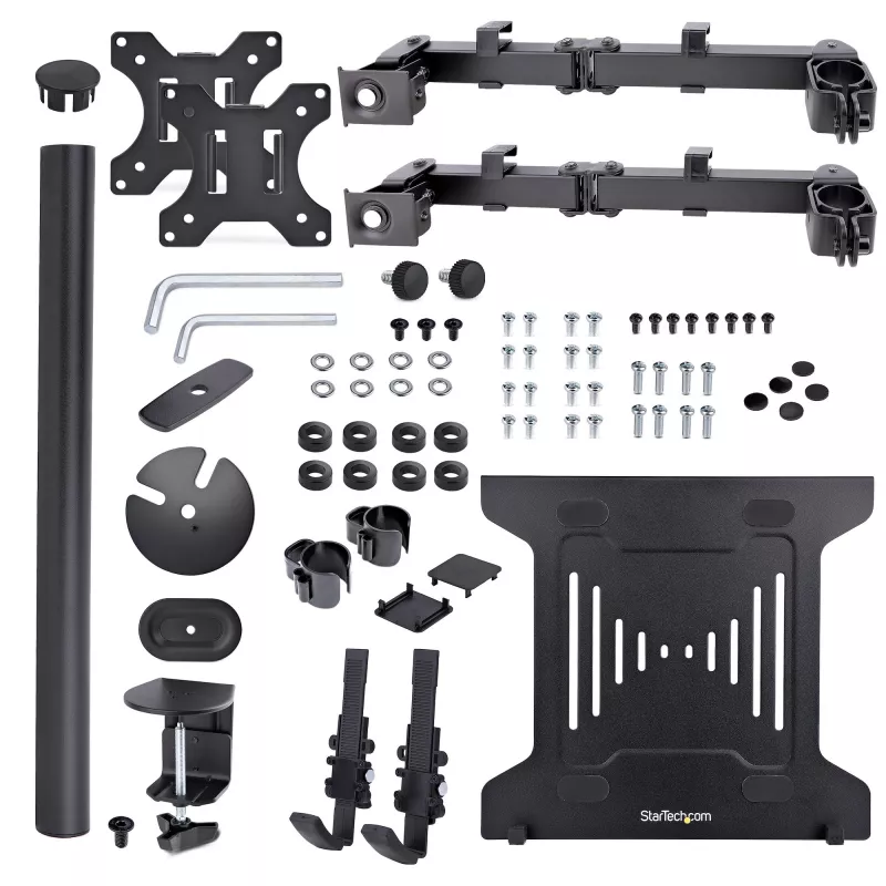 StarTech.com Monitor Laikiklis su VESA Nešiojamo Kompiuterio Padėklu, Nešiojamam Kompiuteriui (4,5 kg) ir Vienam Ekranui iki 32 colių (8 kg), Juodas, Vėdinamas Padėklas, Reguliuojamas Laikiklis, C-spaustuvo/Angos Tvirtinimas