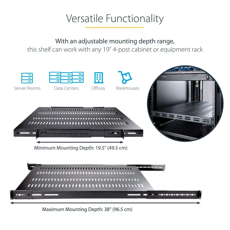 StarTech.com ADJSHELFHDV 1U reguliuojama ventiliuojama serverių spintos lentyna, sustiprinta, 150 kg, reguliuojamas montavimo gylis 49,5–97,4 cm (19,5–38 col.), 19 col., juoda